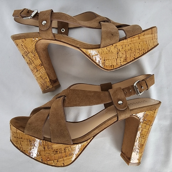 Barneys New York Brown Suede Strappy Leather Block Heel Platform Sandal Size 8 - Picture 11 of 11